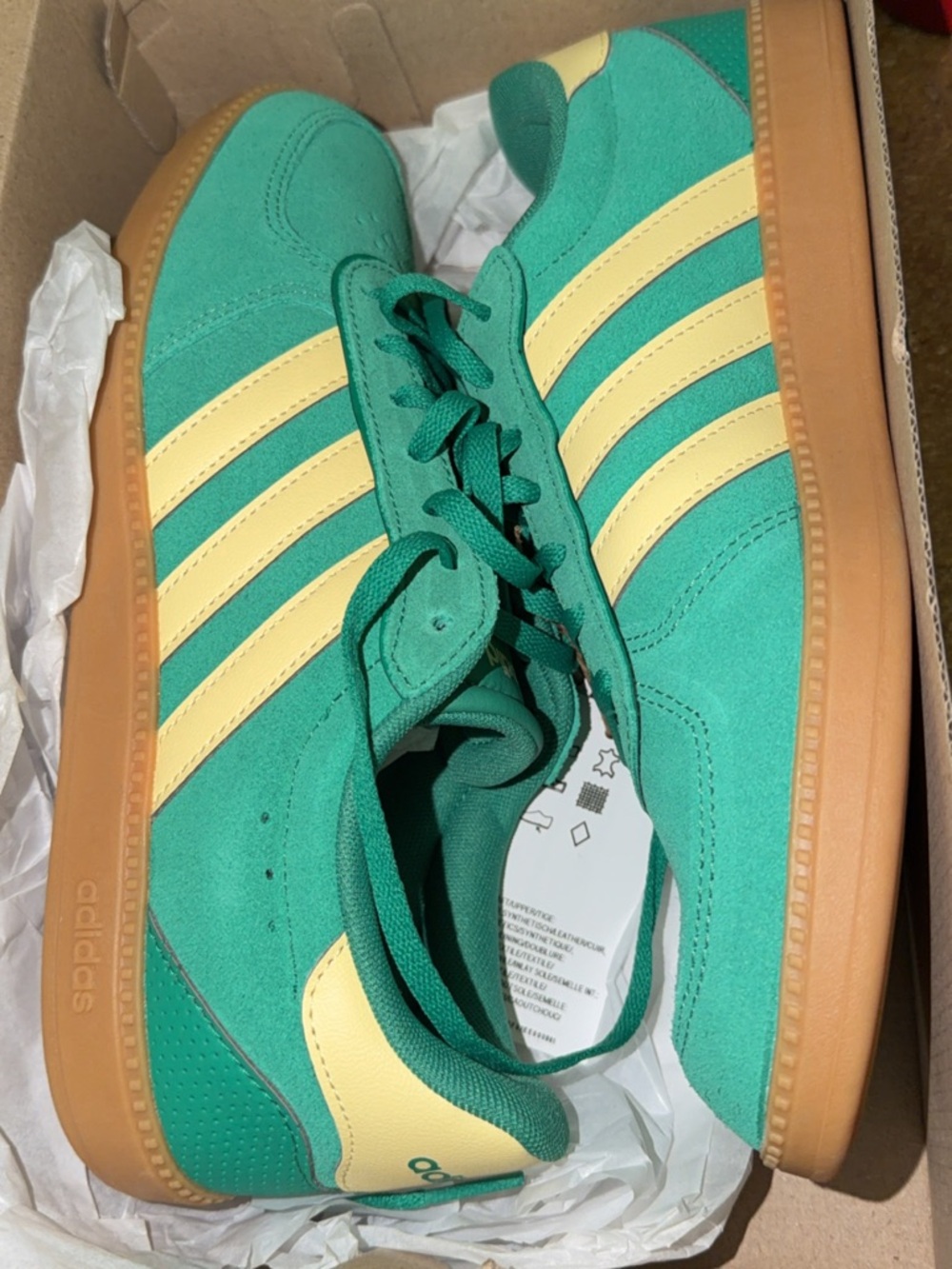adidas Green Suede Sneakers with Yellow Stripes and Gum Sole